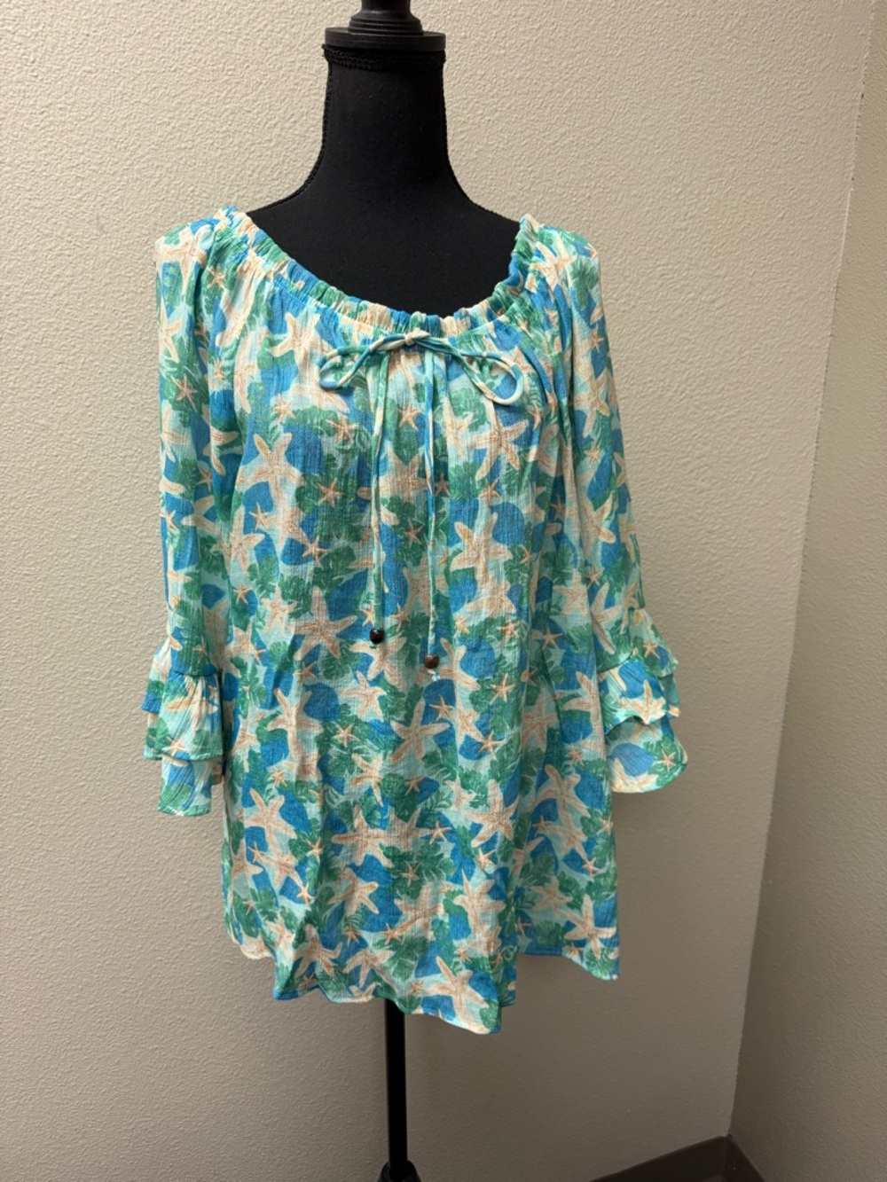 Late August Starfish Boho Peasant Top 2X Beach Coastal Ruffle Sleeve Blue - Picture 2 of 9